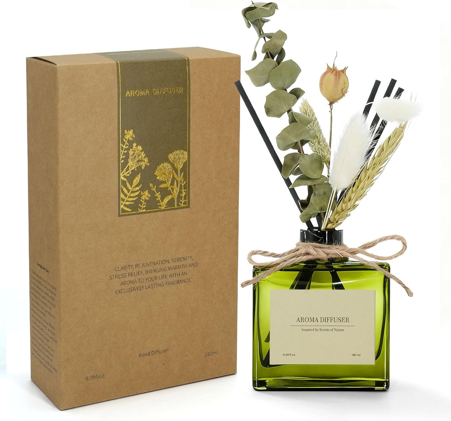 Reed Diffuser, 6.09 Oz Earthy Sandalwood Scent Diffuser with Sticks & Dried Flowers, 120 Days Long Lasting Diffusers for Home, Elegant Fragrance for Bathroom Bedroom Office Decor Air Fresh