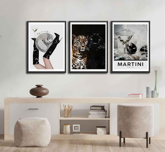 3Pcs Trendy Leopard Wall Art Funky Black High Heel Disco Ball Wall Decor Pictures Vintage Bar Cart Canvas Posters Prints for Girly Bedroom Living Room Apartment Dorm Decorations Unframed
