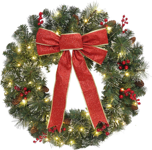 Christmas Wreath Front Door Wreath - 24 Inch Pre-Lit Outdoor Wreaths for Front Door Battery Operated 55 White Lights Bulbs Christmas Decoration Wall Wreath outside