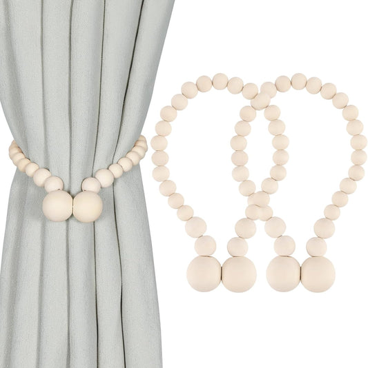 Magnetic Wood Bead Curtain Tiebacks, Curtain Holders for Boho Bedroom, Baby Nursery, Farmhouse Decor, Wood Color, 2 Packs