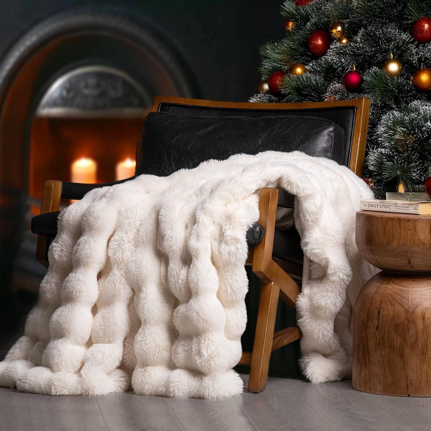 Ultra Soft Luxury Fluffy Faux Rabbit Fur Throw Blanket, Thick Warm Bubble Throw for Bed, Cozy Plush Reversible Blankets for Couch, Chair, Sofa, Ivory White, 60X80 Inches