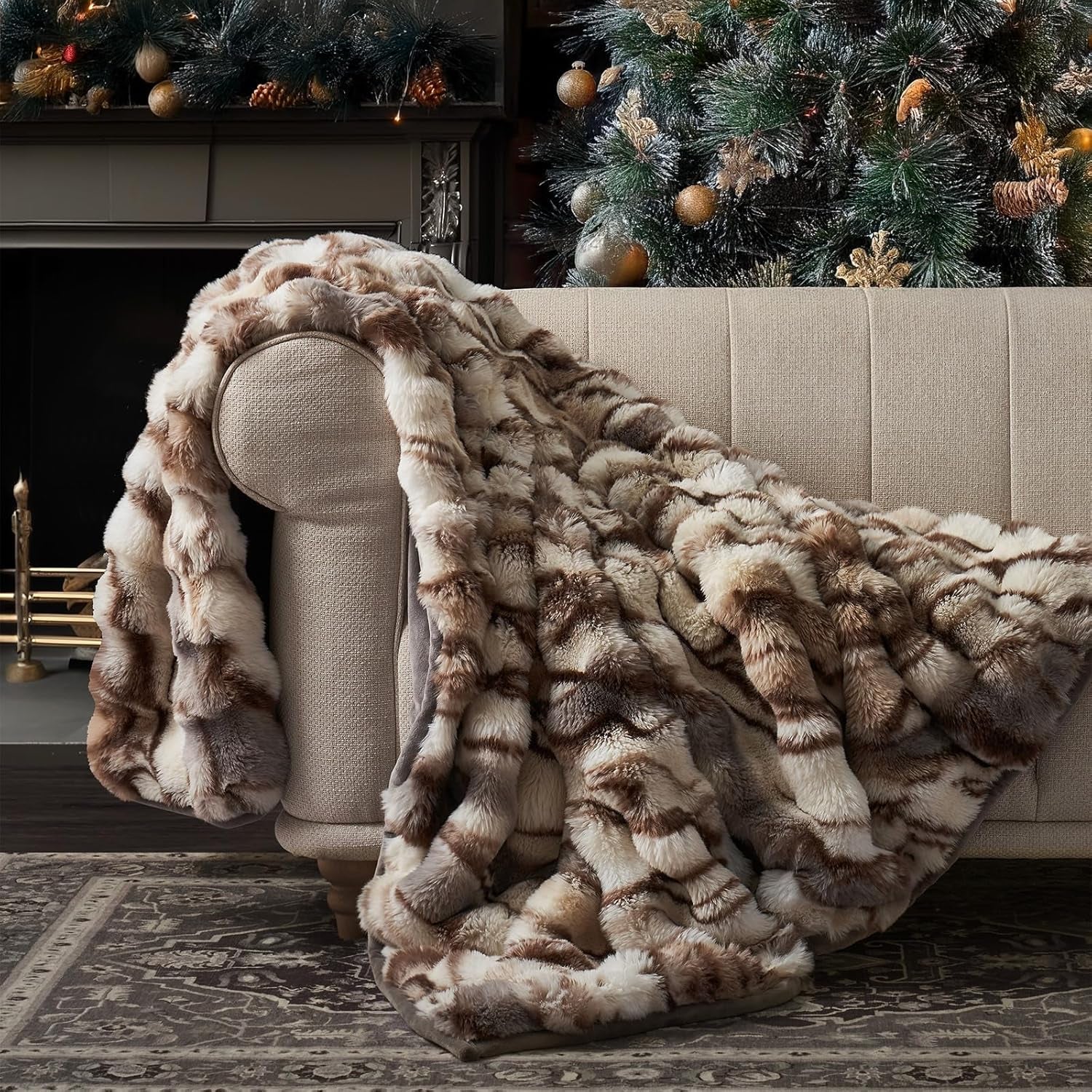 Ultra Soft Luxury Fluffy Faux Rabbit Fur Throw Blanket, Thick Warm Bubble Throw for Bed, Cozy Plush Reversible Blankets for Couch, Chair, Sofa, Ivory White, 60X80 Inches