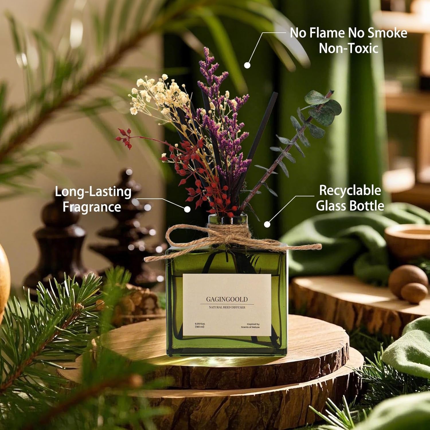 Reed Diffuser, 6.09 Oz Earthy Sandalwood Scent Diffuser with Sticks & Dried Flowers, 120 Days Long Lasting Diffusers for Home, Elegant Fragrance for Bathroom Bedroom Office Decor Air Fresh