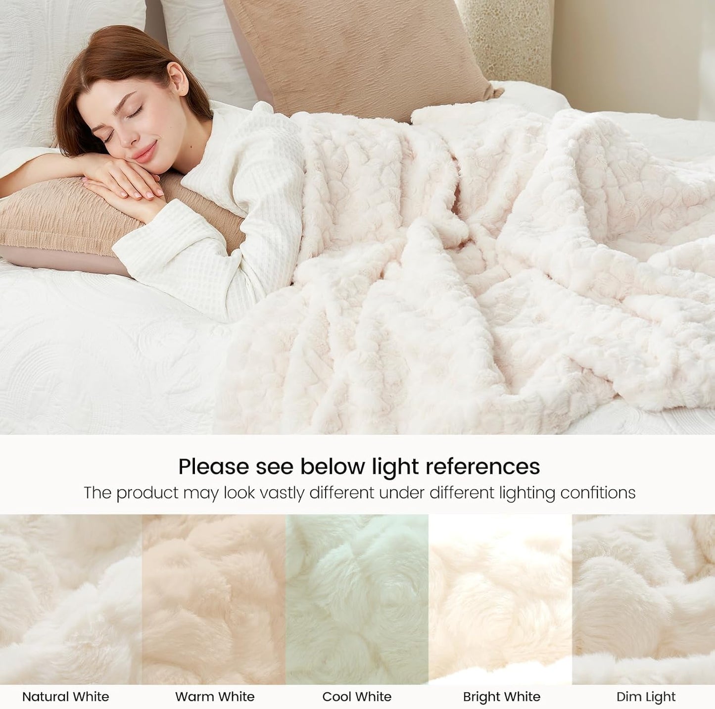 Faux Fur Throw Blanket for Couch, Fuzzy Soft Plush Thick Warm Fluffy Reversible Wave Textured Blanket for Sofa Bedroom Living Room, 55 * 70 Inches Cream White