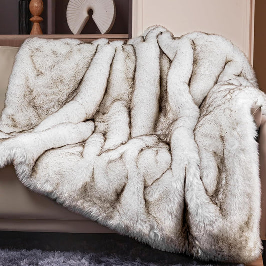 1000GSM Faux Fur Throw Blanket, Super Thick Warm Cozy Heavy Blankets for Couch Bed Sofa, Plush Fuzzy Elegant Winter Reversible Mink Blanket for Living Room Bedroom 50''X60'', Whitebrown