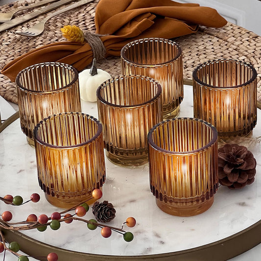 Vintage Glass Tealight & Amber Votive Candle Holders (Set of 6) – Rustic Fluted Candle Holder Set, Boho Home Decor, Wedding Table Centerpieces, Farmhouse Kitchen Table Decor