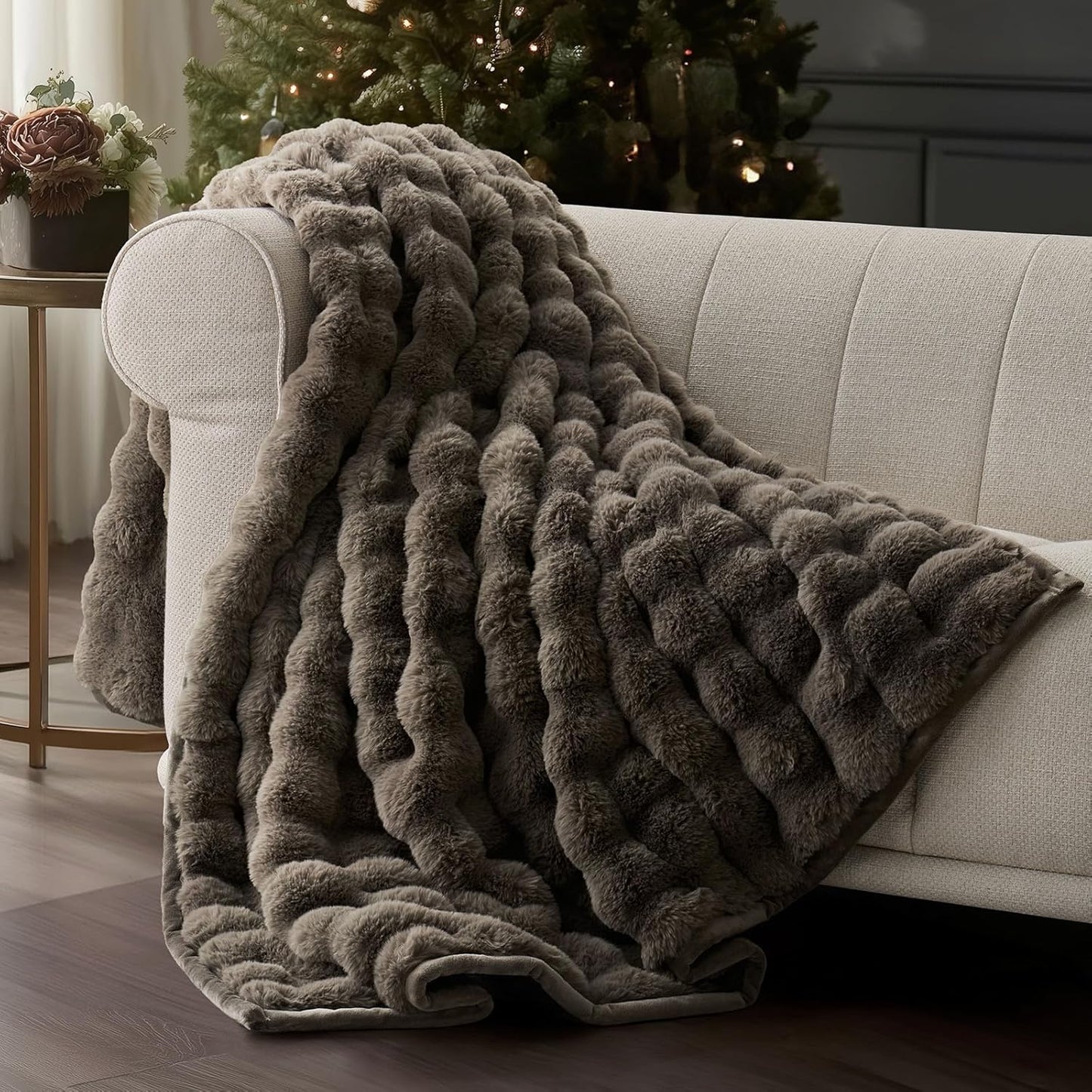 Ultra Soft Luxury Fluffy Faux Rabbit Fur Throw Blanket, Thick Warm Bubble Throw for Bed, Cozy Plush Reversible Blankets for Couch, Chair, Sofa, Ivory White, 60X80 Inches