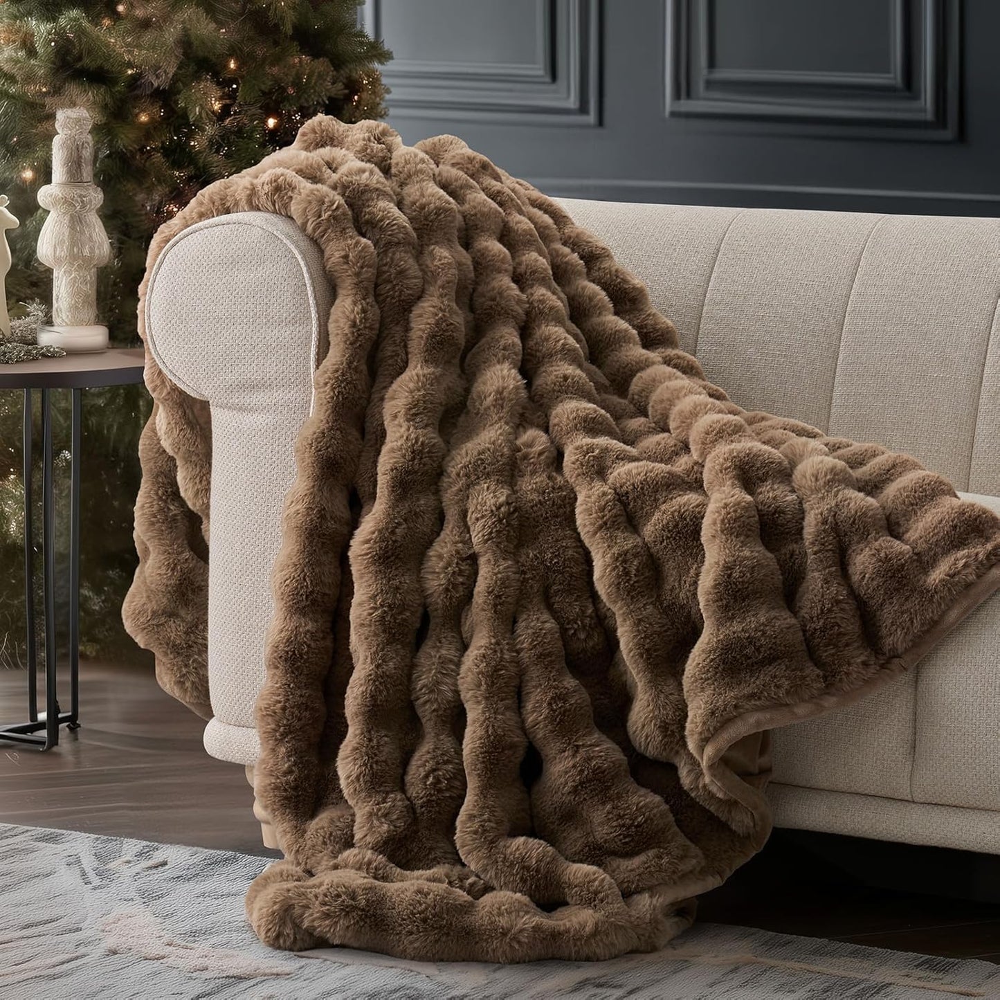 Ultra Soft Luxury Fluffy Faux Rabbit Fur Throw Blanket, Thick Warm Bubble Throw for Bed, Cozy Plush Reversible Blankets for Couch, Chair, Sofa, Ivory White, 60X80 Inches