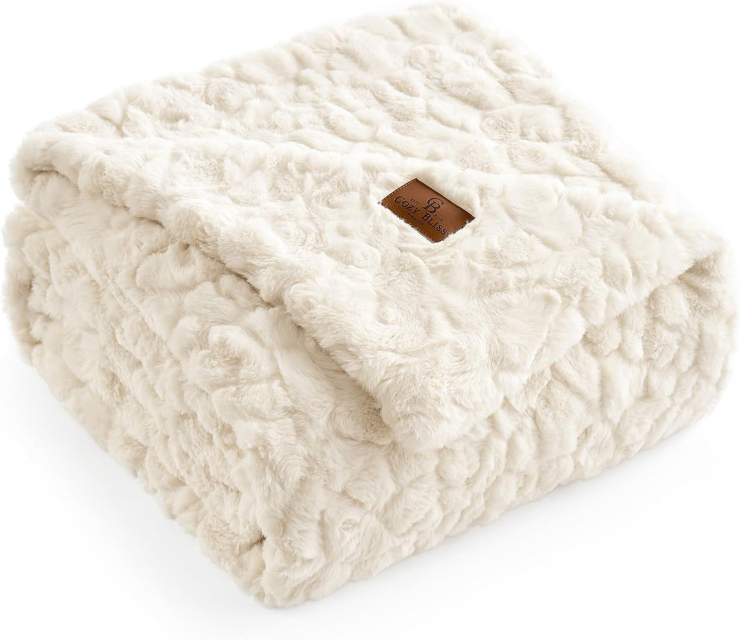 Faux Fur Throw Blanket for Couch, Fuzzy Soft Plush Thick Warm Fluffy Reversible Wave Textured Blanket for Sofa Bedroom Living Room, 55 * 70 Inches Cream White