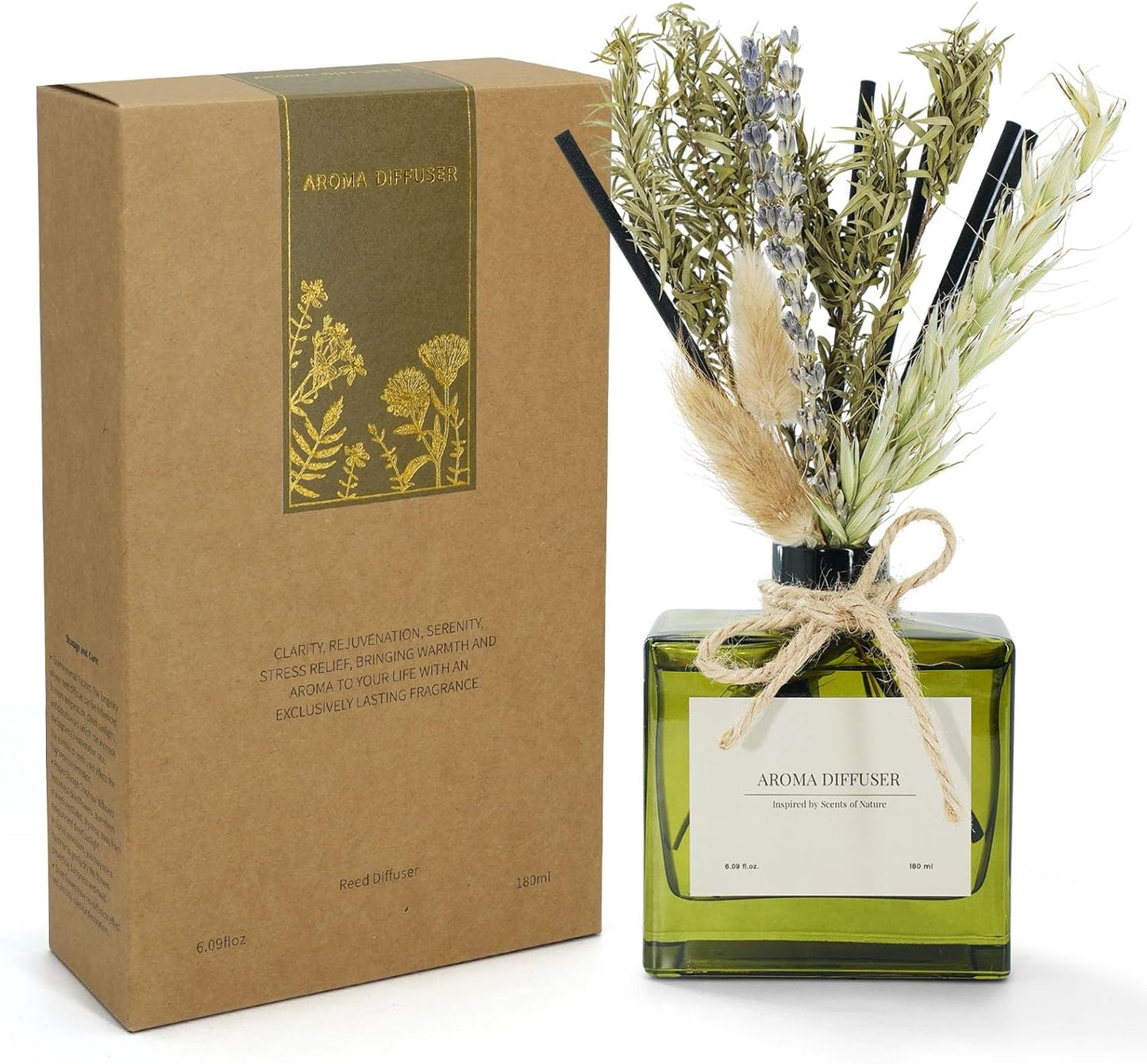 Reed Diffuser, 6.09 Oz Earthy Sandalwood Scent Diffuser with Sticks & Dried Flowers, 120 Days Long Lasting Diffusers for Home, Elegant Fragrance for Bathroom Bedroom Office Decor Air Fresh