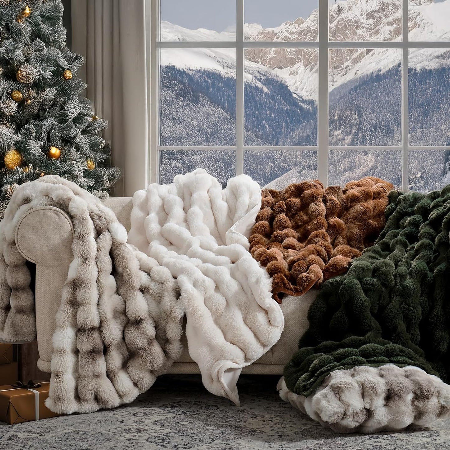 Ultra Soft Luxury Fluffy Faux Rabbit Fur Throw Blanket, Thick Warm Bubble Throw for Bed, Cozy Plush Reversible Blankets for Couch, Chair, Sofa, Ivory White, 60X80 Inches