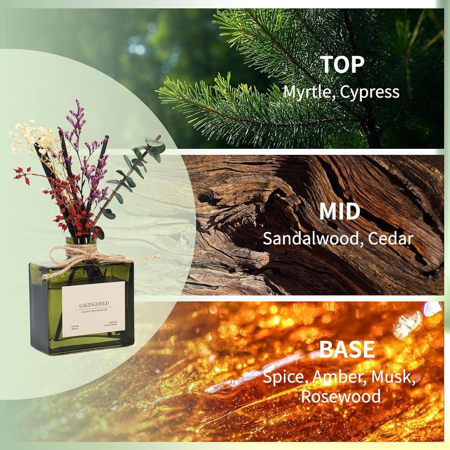 Reed Diffuser, 6.09 Oz Earthy Sandalwood Scent Diffuser with Sticks & Dried Flowers, 120 Days Long Lasting Diffusers for Home, Elegant Fragrance for Bathroom Bedroom Office Decor Air Fresh