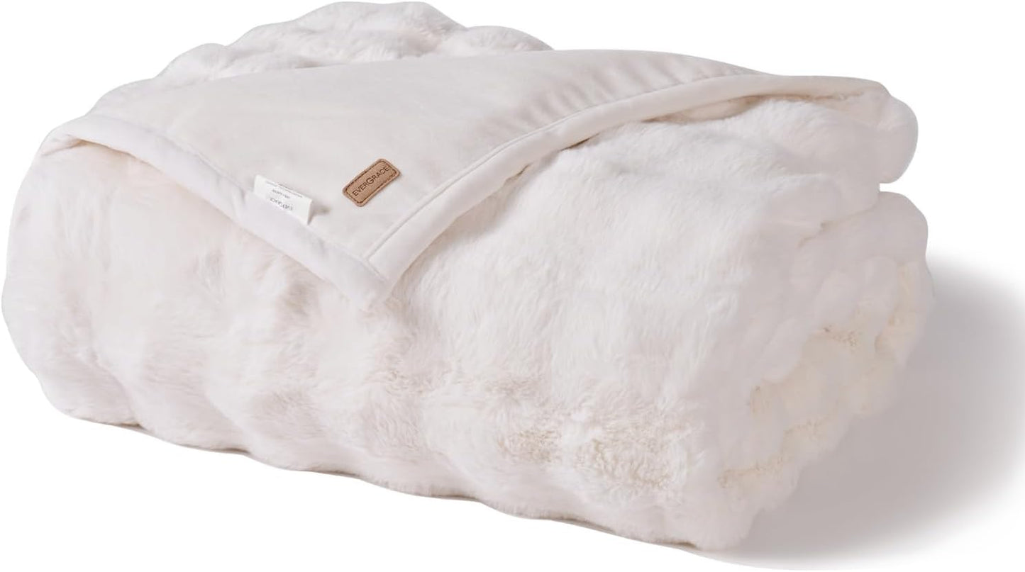 Ultra Soft Luxury Fluffy Faux Rabbit Fur Throw Blanket, Thick Warm Bubble Throw for Bed, Cozy Plush Reversible Blankets for Couch, Chair, Sofa, Ivory White, 60X80 Inches