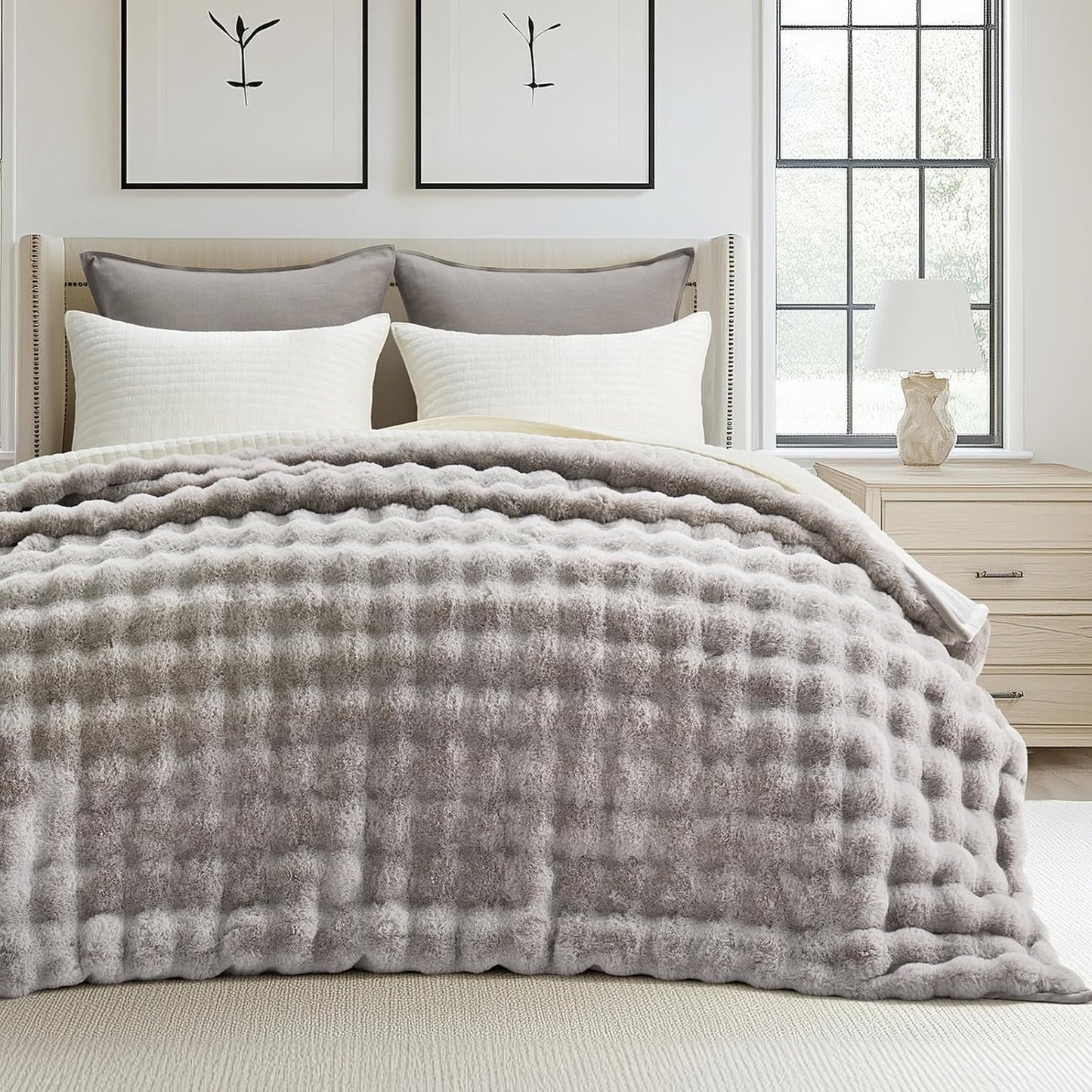 Ultra Soft Luxury Fluffy Faux Rabbit Fur Throw Blanket, Thick Warm Bubble Throw for Bed, Cozy Plush Reversible Blankets for Couch, Chair, Sofa, Ivory White, 60X80 Inches