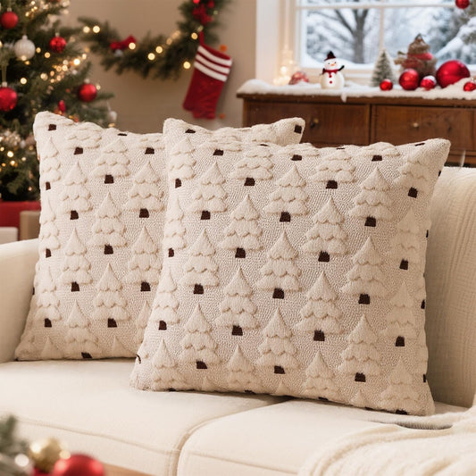 Christmas Throw Pillow Covers with Tree Decoration, 18X18 Faux Fur Wool Throw Pillows Soft Plush Cushion Covers, Set of 2 Xmas Tree Pillowcases for Holiday Winter Home Sofa Couch Bed Porch (Beige)